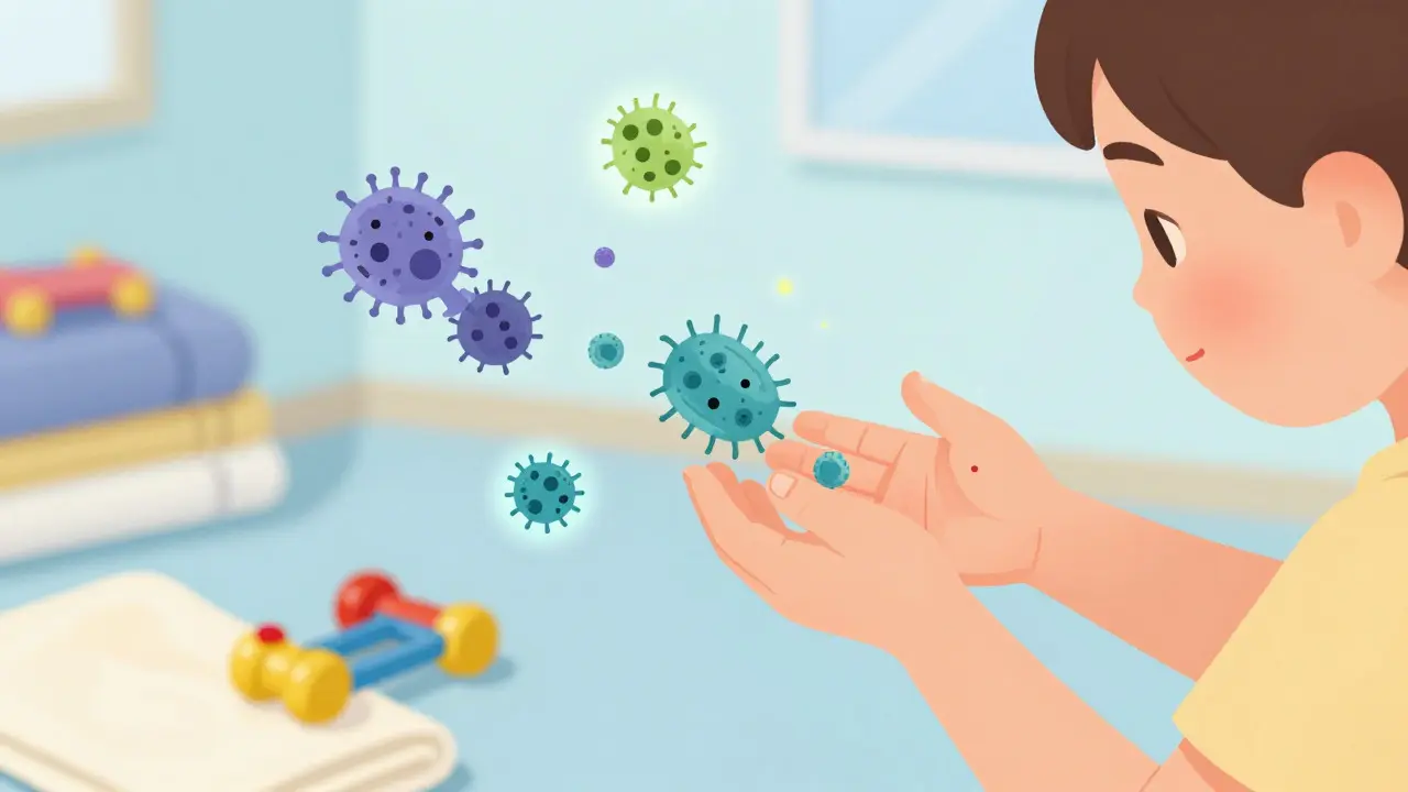 Ilustrace přenosu bakterií impetiga hračkami a rukama ve školce