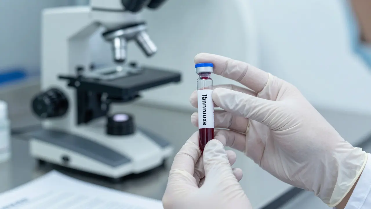 Laboratorní zkumavka s krví pro testování imunity proti spalničkám