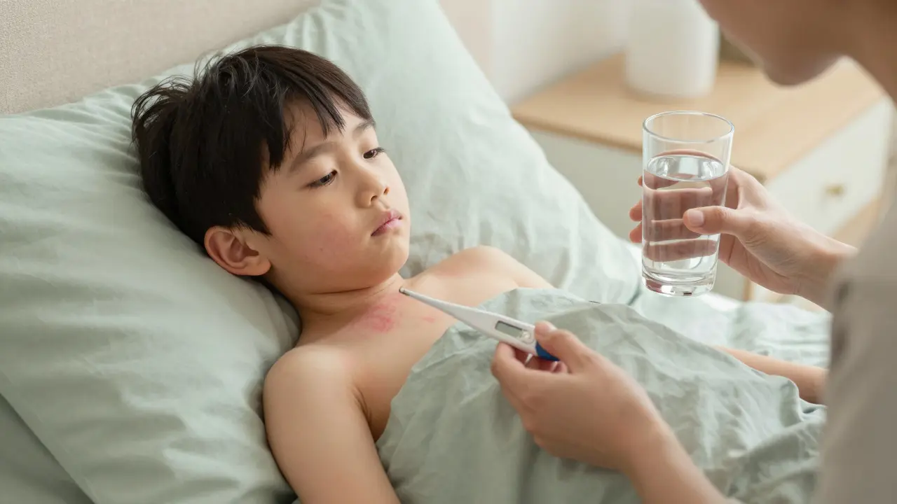 Matka pečující o nemocné dítě s mírnou vyrážkou v posteli