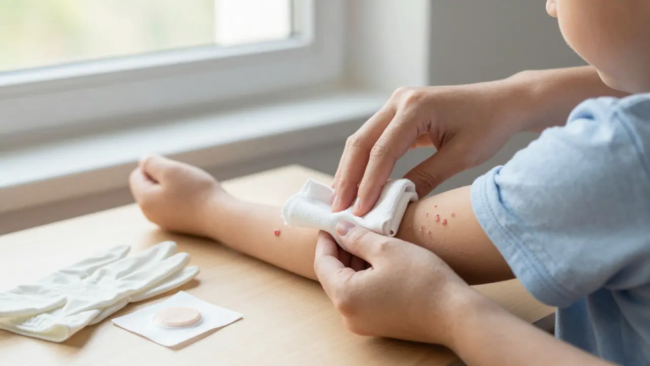 Rodič čistí dítěti rány před aplikací antibiotické masti