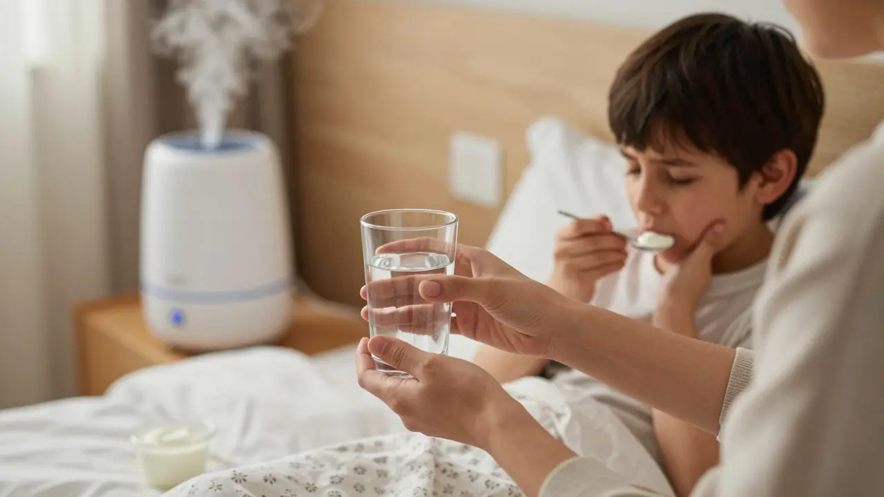 Rodič podává nemocnému dítěti vodu a jogurt pro úlevu