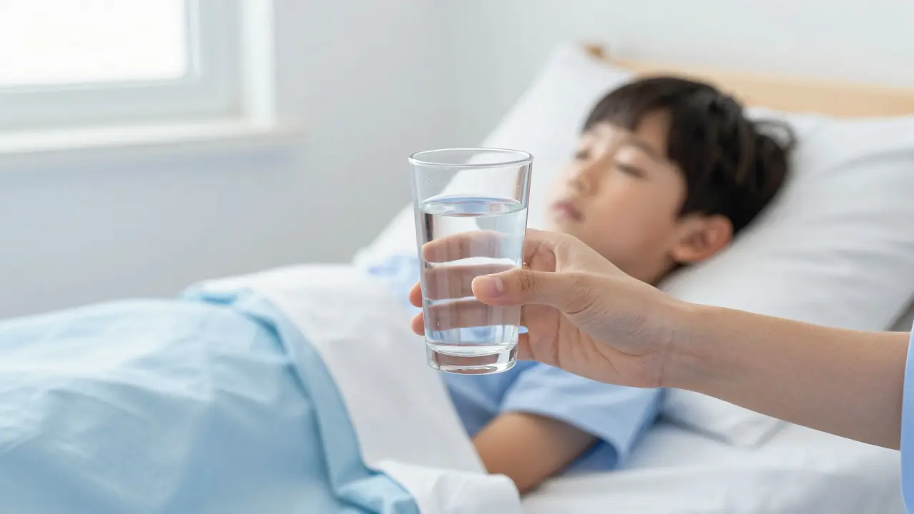 Ruka podává vodu nemocnému dítěti pro hydrataci