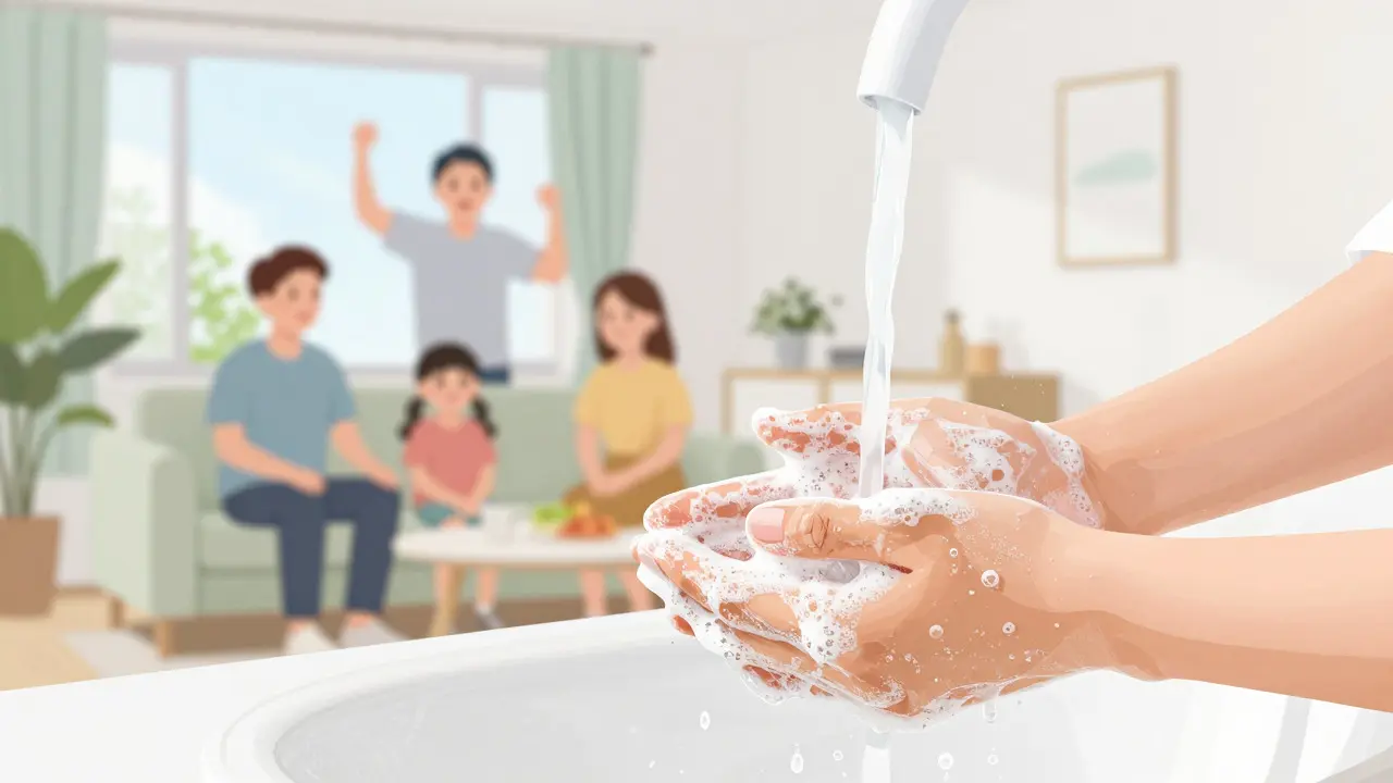 Ilustrace mytí rukou a větrání místnosti jako prevence chřipky