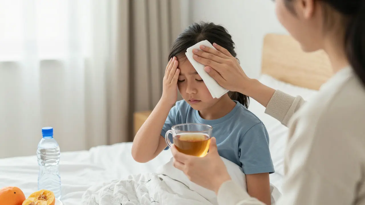 Rodič péči o nemocné dítě podáváním čaje a otíráním čela