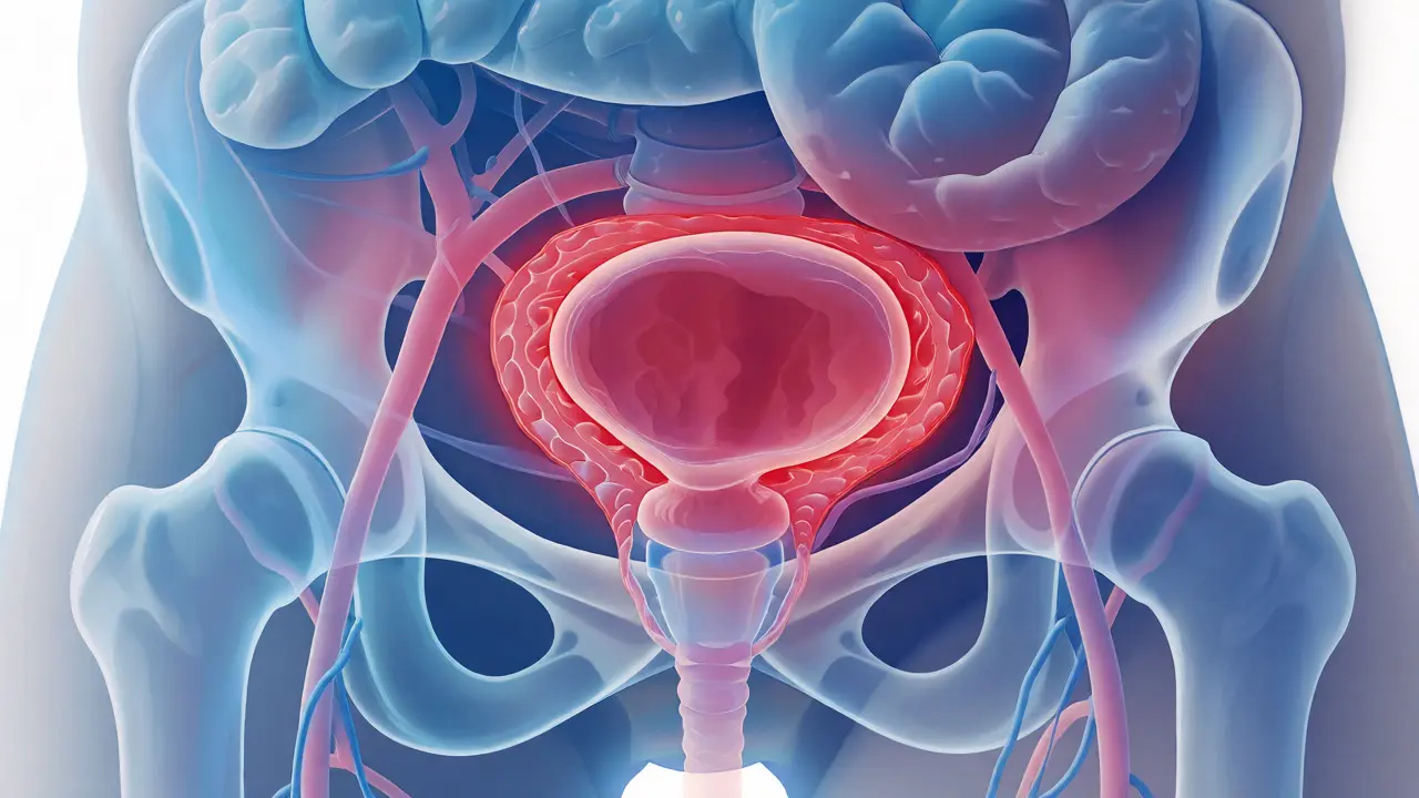Anatomická ilustrace hyperaktivního měchýře a nervové souvislosti u dítěte.