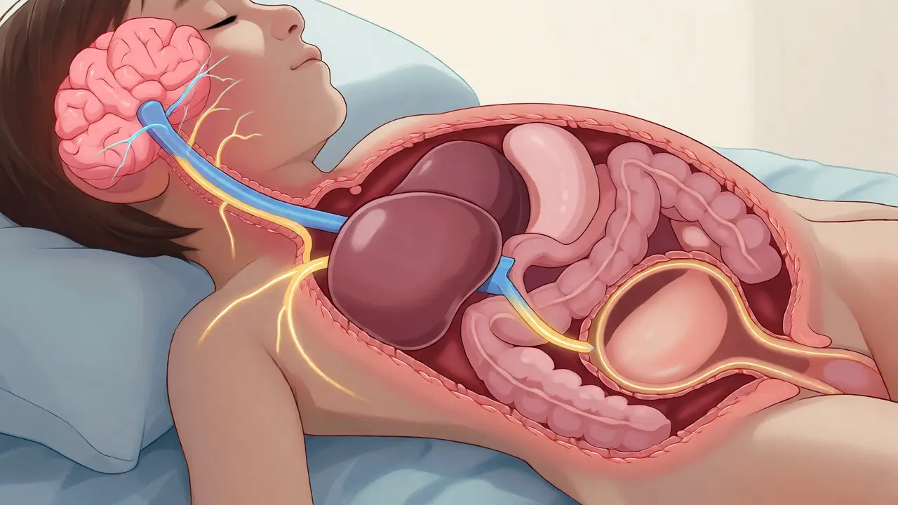 Anatomický řez tělem spícího dítěte znázorňující močový měchýř a ledviny.
