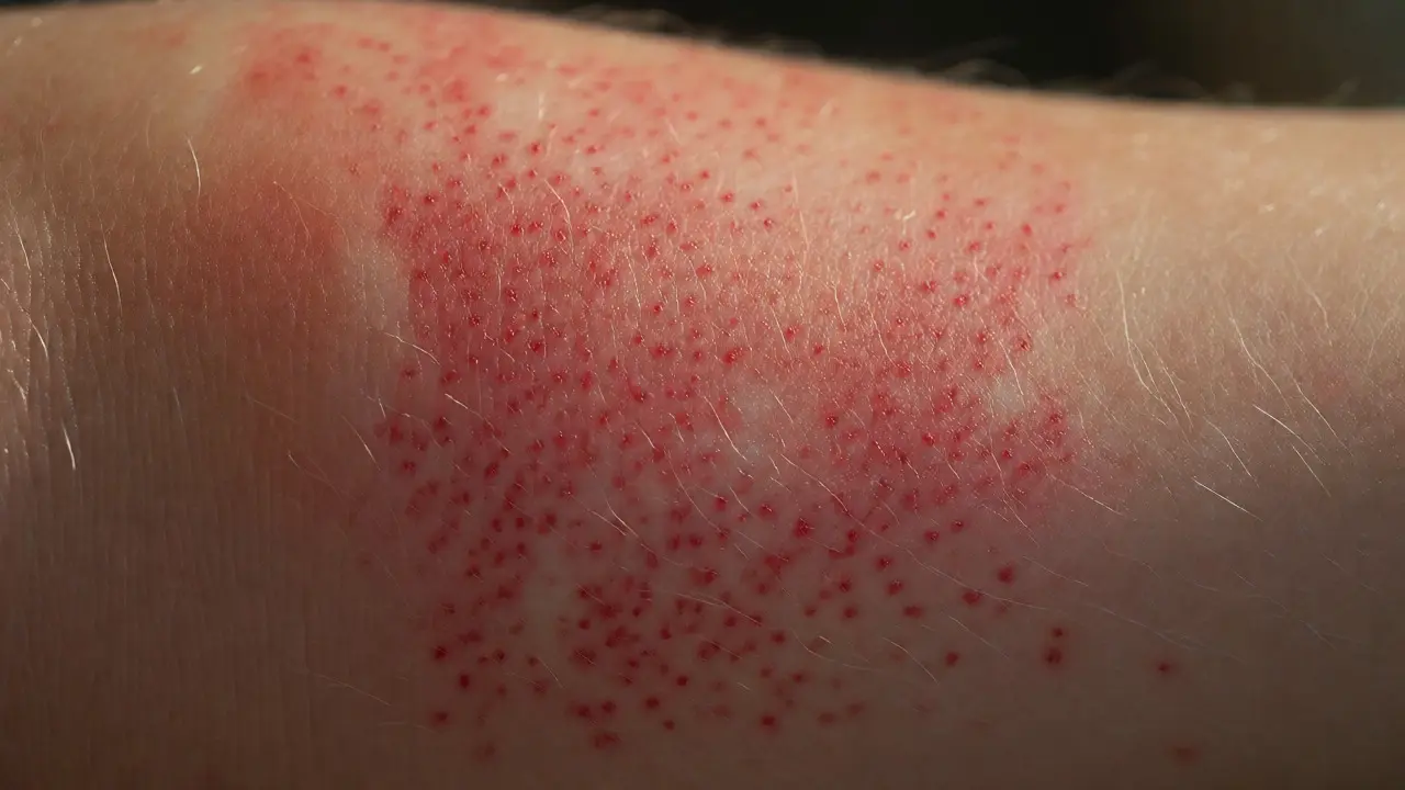 Close-up of scarlet fever rash with red dots on skin.