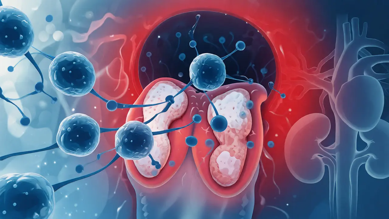 Illustration of streptococcus bacteria affecting tonsils and organs.