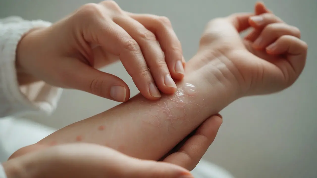 Nanášení chladivého gelu na pupínky na ruce dítěte