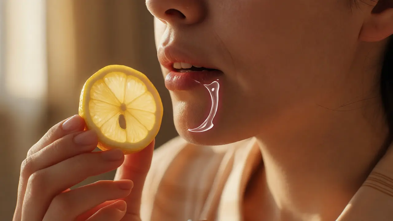 Stimulace tvorby slin pomocí kyselého citronu u úst