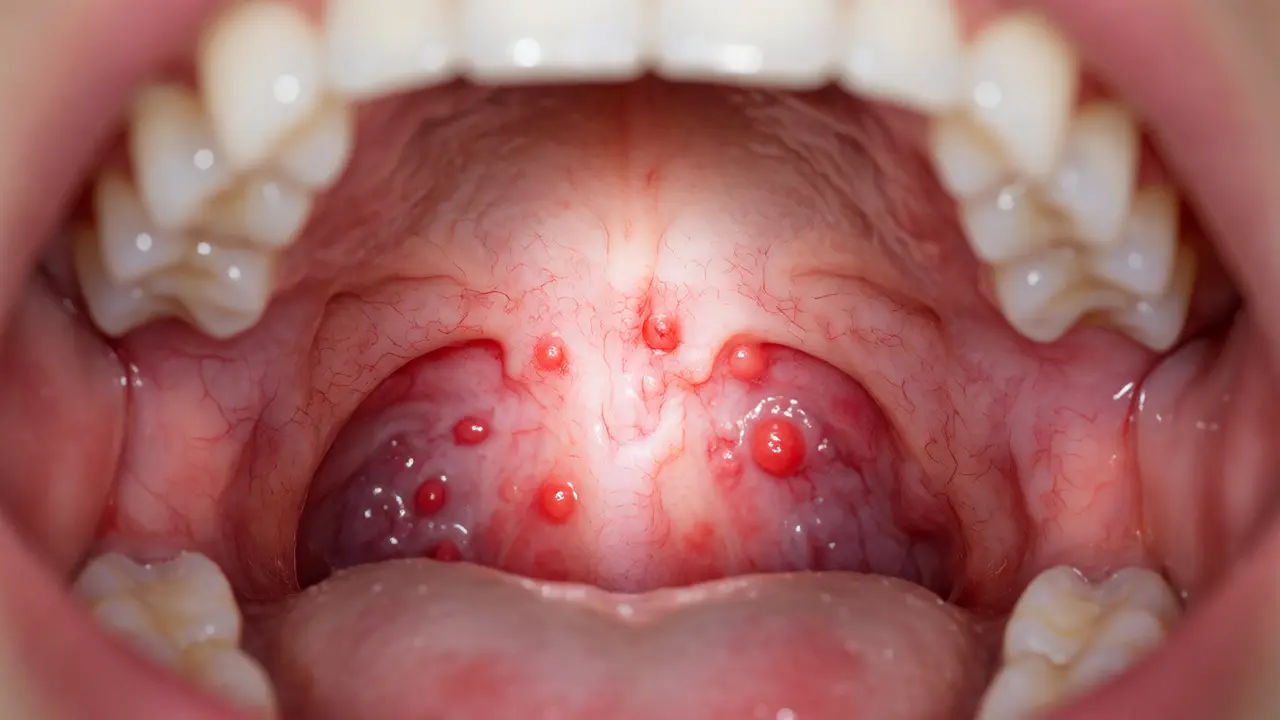 Close-up of mouth showing herpangina sores on soft palate and throat