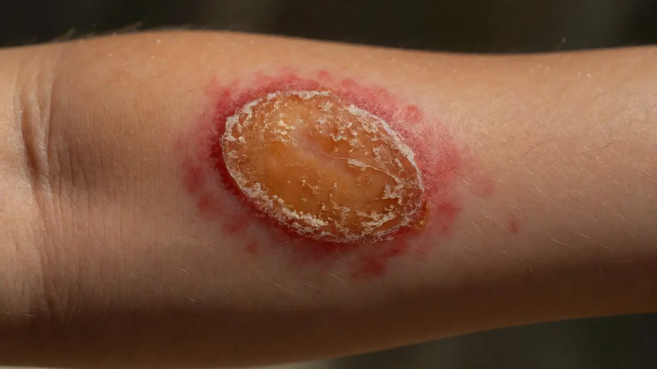 Detailní pohled na impetigo s typickými medově žlutými krustami na kůži