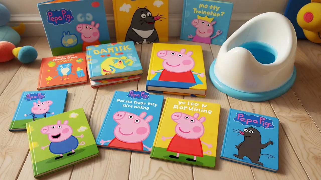 Dětské knihy o učení na nočník s postavami jako Peppa Pig vedle malého záchodu.