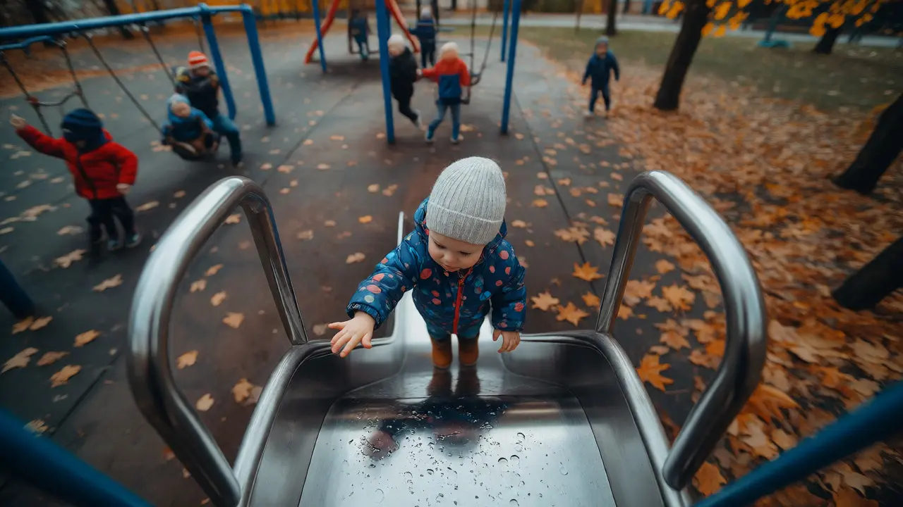 Dítě se dotýká povrchu dětského hřiště na podzim