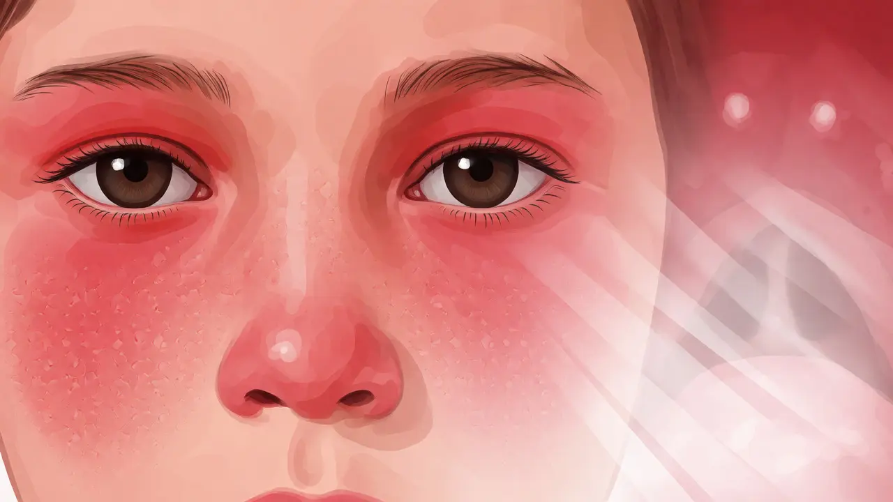Ilustrace příznaků spalniček a páté nemoci na obličeji dítěte.
