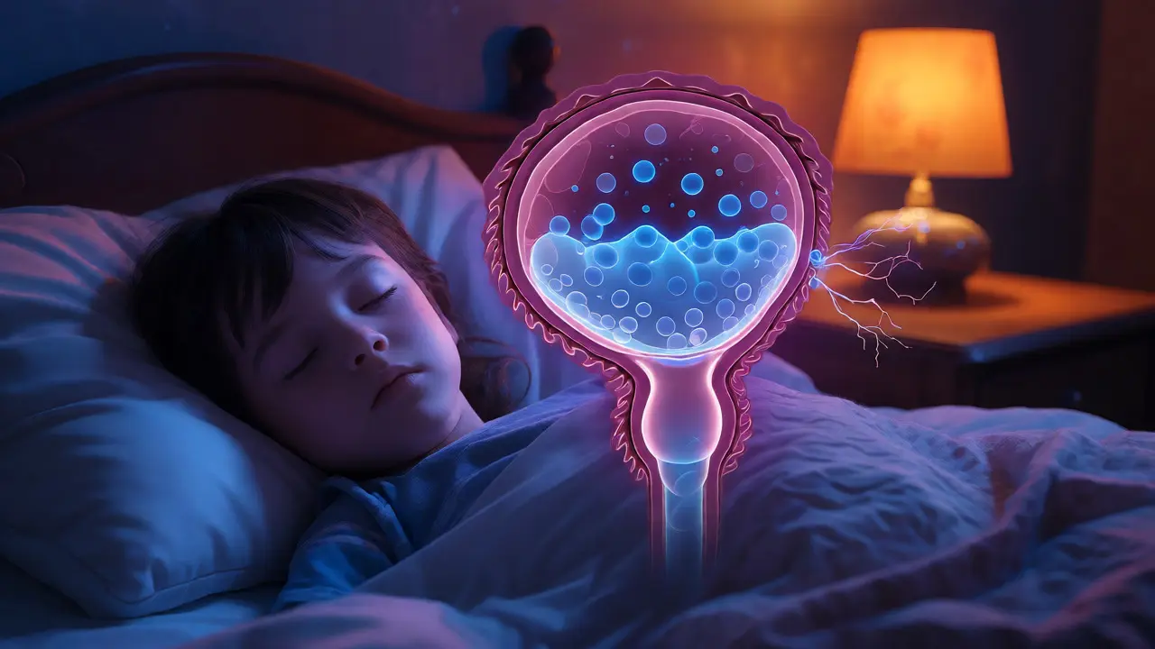 Konceptuální ilustrace spánku dítěte a fyziologie močového měchýře.