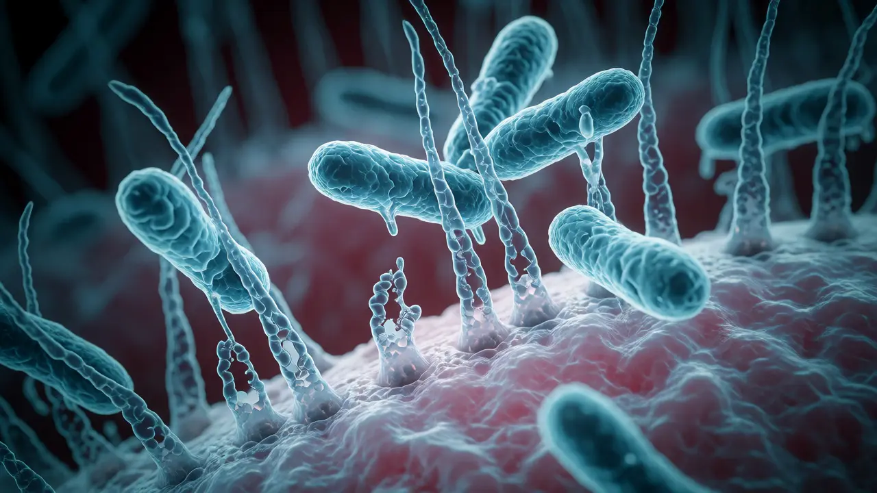Mikroskopický pohled na bakterie Bordetella pertussis napadající dýchací cesty