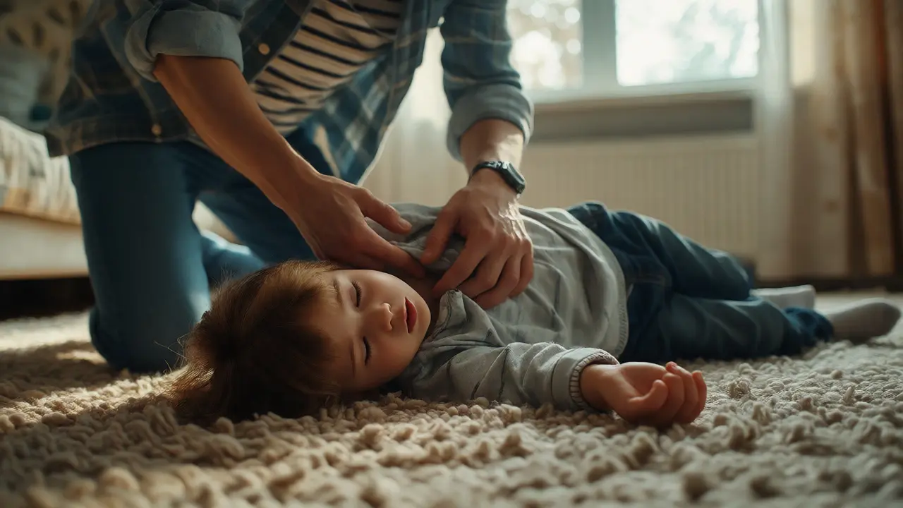 Parent safely positioning a seizing child on their side on a carpeted floor.