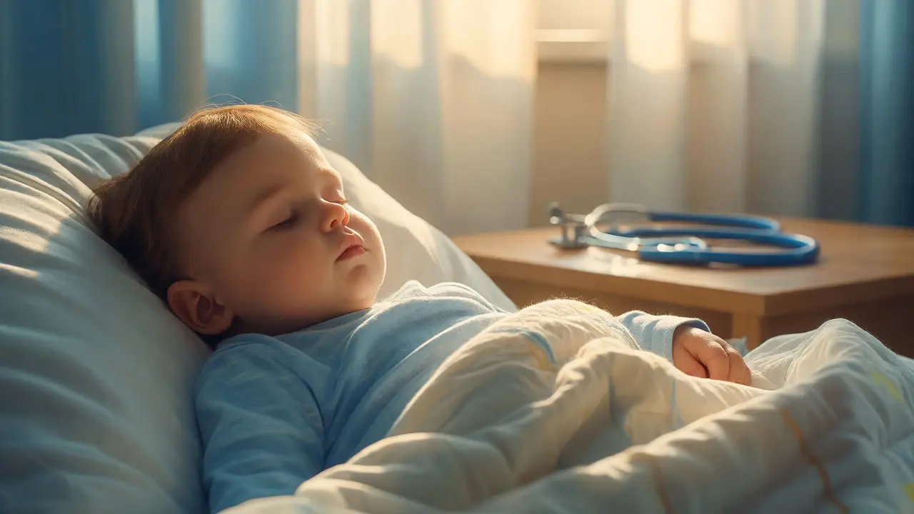 Peaceful sleeping toddler recovering in soft morning light after a seizure.