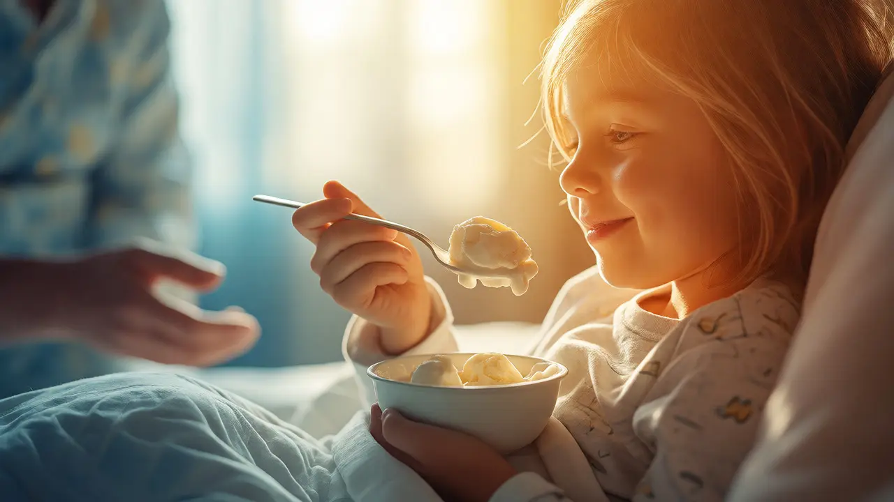 Recovering child eating yogurt in bed with warm sunlight