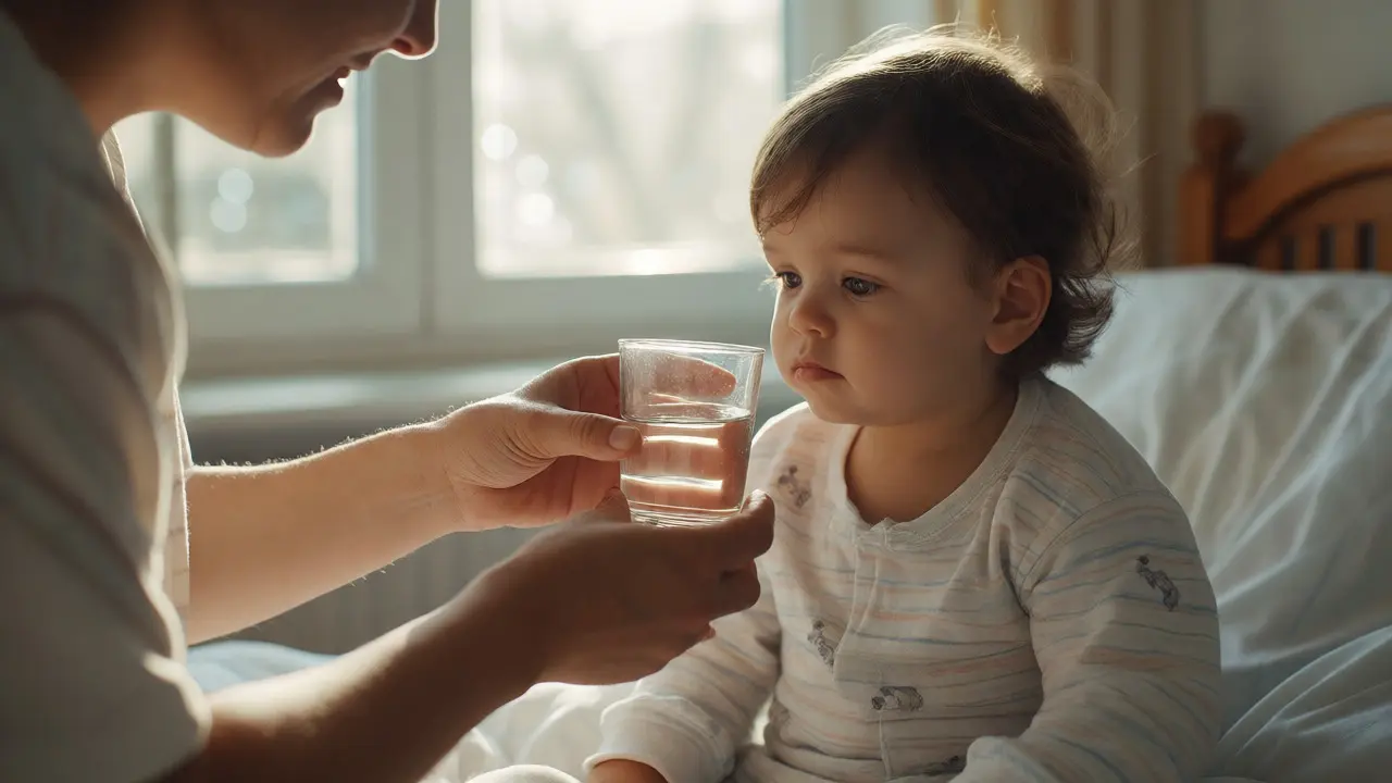 Rodič podává dítěti sklenici vody během horečky
